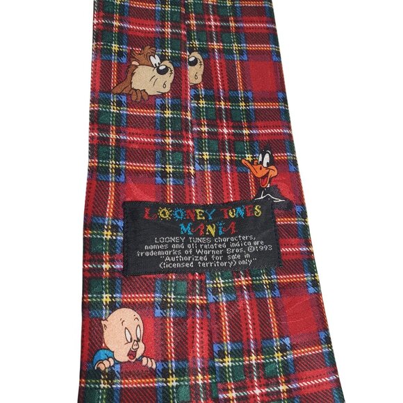 Looney Tunes Men Vintage 1993 Tartan Plaid Necktie Taz Bugs Daffy Porky Tweety - Picture 4 of 5